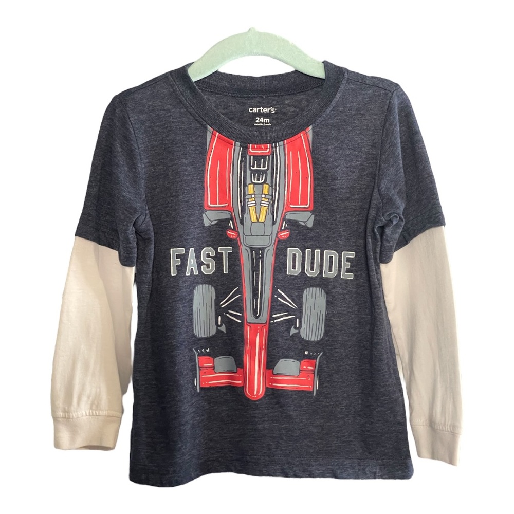 Carters Fast Dude Mock Layer Top  Long Sleeve Tee Toddler Boy 24 Months Blue